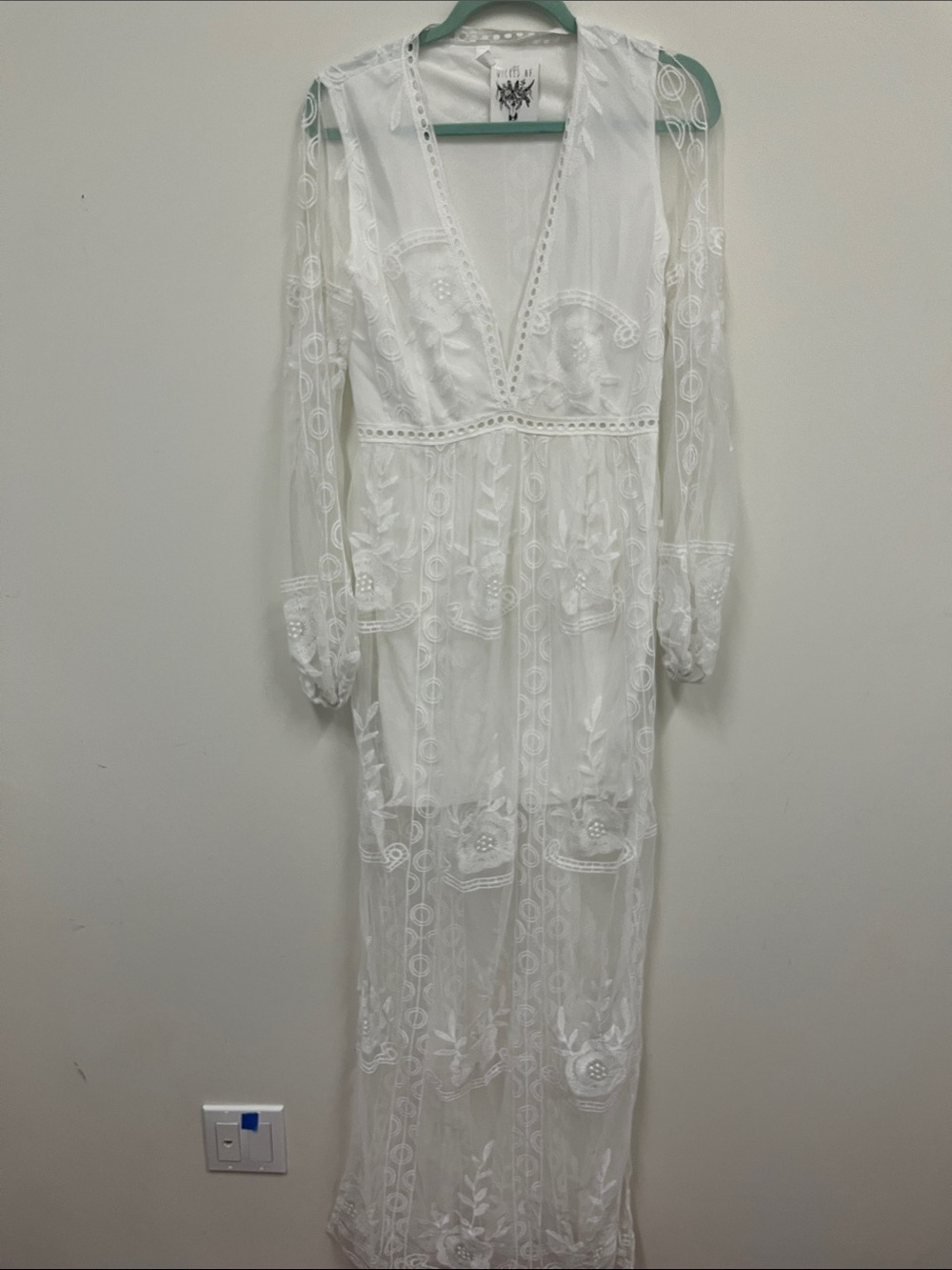 New with tags Wicked AF White Sheer Dress with Embroidered Trim Size M